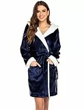 Ekouaer Bademantel Damen Frottee Flauschig Weich Kapuze Knielang Kurz Hausmantel Morgenmantel Fleece Sauna Spa Robe Blau S