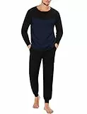 Marvmys Schlafanzug Herren Lang Baumwolle Winter Sleepwear Pyjamaset Schlafanzüge Langarm Shirt mit Bündchen Pyjamahose mit Tasche und Bündchen A-Navy blau L