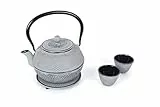 Echtwerk Teeservice aus Gusseisen, Teekanne 1,1 L mit abnehmbarem Sieb, Teebereiter mit Untersetzer, Teekannen-Set im Vintage-Design für Zubereitung von losem Tee, Grau