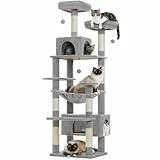 PAWZ Road Kratzbaum Grosse Katzen Stabil, 184 cm Katzenturm für große Katzen, mit Hängematte, 7 Sisalpfosten, großer Sitzstange, Höhle, Körben, kratzbaum hoch für Indoor-Katzen, Grau
