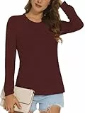 Cuptacc Pullover Damen 2025 Mode Elegant Einfarbig Langarm T Shirt Herbst Winter Basic Oversized Stretch Baumwolle Langarmshirt Damen Weinrot M Mittel