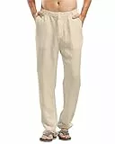 LVCBL Herren Leinenhose Herren Hosen Elastischer Bund Baumwoll Leinen ässige Sommerhose Regular Fit Khaki L