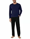 Bresdk Schlafanzug Herren Lang Pyjama Baumwolle Runder Ausschnitt Winter Nachtwäsche mit Pyjama Hose Lang Marineblau L