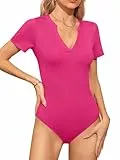 Missufe Damen Sommer Body V-Ausschnitt Kurzarm Figurbetonte Freizeit T-Shirt Bodysuit Tops (Heißes Rosa, Mittel)