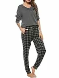Vlazom Damen Schlafanzug Lang Zweiteiliger Schlafanzug Winter Pyjama Set V-Ausschnitt Langarm Pyjama Set(L,Grau)