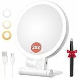 Auxmir Kosmetikspiegel mit Beleuchtung, 20X/1X Doppelseitig Schminkspiegel mit Licht, Dimmbar Tischspiegel, 3 Farblichter, 2000 mAh, Faltbar Vergrößerungsspiegel für Zuhause Reise Kosmetik