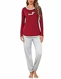 Crewhpo Schlafanzug Lang Damen Pyjama Langarm mit Rundhalsausschnitt Nachtwäsche Zweiteiliger Baumwolle Schlafanzüge für Winter Loungewear Set Frauen Freizeitanzug
