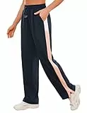Crewhpo Freizeithose Damen Lang Sporthose mit Taschen Jogginghose Baumwolle Trainingshose Kontrastfarben für Frauen Gerade Hose mit Kordelzug für Sport Freizeit Gym