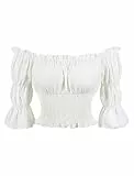 FYMNSI Damen Pirat Top Renaissance Bauernbluse Schulterfrei Kurzarm Gothic Lolita Boho Blusen Mittelalter Gesmokt Shirt Steampunk Rüschenbluse Wikinger Kleidung Kostüm Halloween Fasching Weiß M