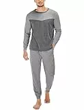 Marvmys Schlafanzug Herren Lang Baumwolle Winter Sleepwear Pyjamaset Schlafanzüge Langarm Shirt mit Bündchen Pyjamahose mit Tasche und Bündchen A-Dunkelgrau L
