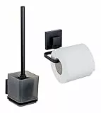 WENKO Badezimmer-Set Mod. Vacuum-Loc® Quadro WC-Garnitur Toilettenpapierhalter Wandbefestigung ohne Bohren Edelstahl schwarz 9,5 x 37 x 12,5 cm