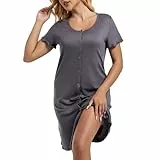 Xuepelit Nachthemd Damen Kurzarm Schlafshirt Sommer mit Knöpfen Still Nachtwäsche Schlafhemd U-Ausschinitt Sleepshirt,Grey 2XL