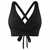 Push Up Bikini Oberteil Schwarz - Bikinioberteile für Damen Große Brüste Wickeloptik Bikini Top V Ausschnitt Crossback Badetop Schnell Trocknend Sexy Bademode Padded Swimsuit Sommer Strand Urlaub