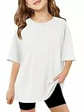 Haloumoning Mädchen T-Shirt Kurzarm Kinder Sommer Oversized Tops Rundhals Lässige Oberteile Freizeit Sport Shirts Einfarbig Basic Tshirts für Mädchen 5-14 Jahre Weiß 130