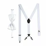 Massi Morino Hosenträger mit Fliege Weiß Set für Herren und Damen I Y-Form Träger elastisch mit extra starken Clips - 3,5cm breit - längenverstellbar I Vorgebundener Schlips für Anzug