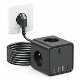Steckdosenwürfel mit USB,7 in 1 Steckdosenleiste mit Schaltbar,3 Fach Mehrfachsteckdose mit 4 USB, Mehrfachstecker mit Save Energy-Schalter,2M Verlängerungskabel Kabel für Büro, zu Hause