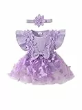 JiAmy Baby Mädchen Flügelärmel Strampler Kleid mit 3D-Schmetterling Stirnband Baumwoll-Tüllkleid Neugeborene Babykleidung 0-3 Monate,Violett