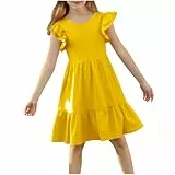 XINYUNZU Mädchen Kleider mit Rüschen Kleid Leichte Sommerkleid Einfarbig Casual Cute Dress Girl Kinderkleider Mädchenkleider für Kinder Gelb 5 Jahre