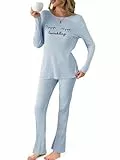 Fisoew Damen Schlafanzug Lang Pyjama Set Gerippt Gestrickte Wimperndruck Oberteil Hosen Zweiteiler Winter Lounge Nachtwäsche(Blau, S)