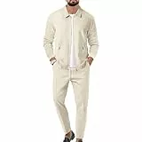 aromm Herren Waffel-Trainingsanzüge Langarm Voll Reißverschluss Jacke & Hose 2-teiliges Set Beige für Lässig Sport Arbeit, M