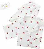 Pyjama-Set mit Herz-Print, Baumwoll-Pyjama-Set, süßes Langarm-Button-Down-Shirt mit Herz-Print und Langer Hose,Weiß,M