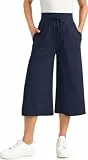 GITVIENAR Damen 3/4 Culotte Hose Freizeithose Outdoor Leichte Sporthose Lockere Traininghose Indoor Yogahose Weites Bein Elastischer Bund Tasche für Casual, Yoga, Fitness (Blau,XXL)