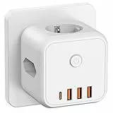 Steckdosenwürfel ohne Kabel, Steckdosenleiste mit 4 USB, 3 Fach Mehrfachsteckdose mit Schalter, 7 in 1 USB C Würfel Steckdosen Mehrfachstecker Steckdosenadapter für Büro Hause, Weiß