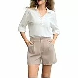 Belle Poque Damen Musselin Kurze Hose Sommer Bermuda Hose Stretchy Gerades Bein Lässige Freizeit High Waist Shorts mit Taschen Khaki L