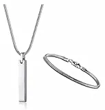 YADOCA Kette Herren Bar Anhänger Edelstahl Halskette und Armbänder für Männer Frauen 3mm Schlangenkette Halskette und Schlangenkette Armband Set Länge 55cm Silber/Schwarz