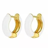 Flongo Creolen weiß gold Ohrringe: Emaille Damen Chunky Ohrstecker zweifarbig silber 925 Edelstahl rund Hoop Huggie earrings hypoallergen glänzend Klappcreolen klein geschenk Frauen Mädchen