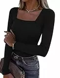 Aottori Dünne Pullover Damen Langarmshirt Baumwolle mit Eckigem Ausschnitt Gerippt Elegant Stretch Oberteile Slim Fit T-Shirt RIPP Einfarbig Basic Top Schwarz M