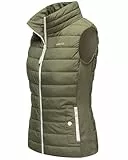 MARIKOO leicht gefütterte Damen Steppweste Übergangsjacke mit elastischen Rippbündchen an der Seite und hohem Kragen Reimii Olive Gr. S