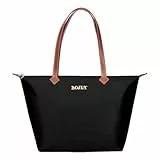 BOJLY Tote Bag Groß Shopper Tasche Damen, Leichte Faltbare Handtasche, Wasserdichte Nylon Schultertasche Damen mit Reißverschluss für Arbeit, Schule, Einkauf, Reisen (Schwarz)