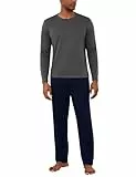 Bresdk Schlafanzug Herren Lang Winter Baumwolle Runder Ausschnitt Pyjama Set für Männer Grau+Marineblau L