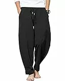 YAOBAOLE Leinen Freizeithose Herren Loose Fit Herren-Hosen mit elastischer Taille und Taschen Schwarz L