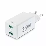 Hama Schnellladegerät 2X USB C (2 Port Universal Ladestecker für Smartphone, iPhone, Samsung, Tablet, MacBook Air, Mehrfach Ladeadapter 35 Watt mit Power Delivery und Qualcomm, Mini Ladegerät) Weiß