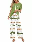 Rapbin Schlafanzug Damen Pyjama Set Rundhals Nachtwäsche Schlafen und Loungewear Damen Lang Schlafanzughose mit Taschen Casual Zweiteiliger Freizeitanzug Elastischer BundGrün M