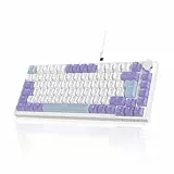 AJAZZ AK820 Wired Mechanical Keyboard, 75% Gaming Keyboard with Volume Control Knob, German QWERTZ Layout, 82 Keys, Five-Layer Sound Insulation Pad, RGB Backlight, Full-Key Hot Swap, Blue White Purple