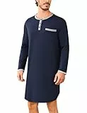 Uniexcosm Nachthemd Herren Langarm Einteiler Schlafshirt Rundhals Einteiliger Schlafanzugoberteile Pyjama Tops Bequem Nachtwäsche Sleepshirt mit Knopfleiste und Brusttasche Marineblau XXL