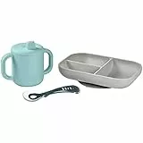 Béaba aus Silikon für Babymahlzeiten, Set für Lernmahlzeiten, 3-teilig, Teller mit Unterteilung+Tasse+Löffel,Gesundes und nachhaltiges Silikon, spülmaschinenfest, mikrowellengeeignet, blau