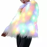Amosfun Leuchtende Jacke für Damen, Kunstfell, LED-Licht, flauschig, pelzig, leuchtende Mäntel, Urlaubskostüm-Requisiten für Rave-Weihnachten (S, Whiout-Batterie), weiß