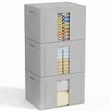 GoMaihe 3 Stück Aufbewahrungstasche mit Metallrahmen 198L - Stapelbare Aufbewahrungstasche für Bettdecken Kleidung - Faltbare Kleideraufbewahrung Box Abstellraum Kleiderschrank Organizer (Grau,66L)
