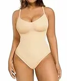FeelinGirl Shapewear Damen Body Shaper Nahtlos Bauchweg Bodysuit im Slip-Stil Schritt mit Knopfverschluss Miederbody mit Verstellbare Schultergurte Hautfarben M/L