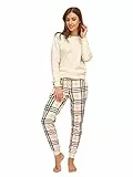 Rocks Me Baby Damen Schlafanzug Lang mit Bündchen Zweiteiliger einfarbiger Oberteil mit Rundhals und Karierte Hose mit Tasche - Baumwolle Pyjama Regular Fit, Größe M, Beige