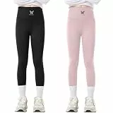 Tilozs Kinder Leggings Mädchen Lang Hosen High Waist Leggins Sportleggins 2er Pack Elastisch Sporthose, Schwarz+Lila, 134-140(Label Size: 140)