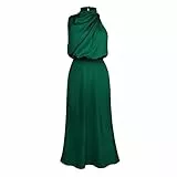 FYMNSI Damen Satin Kleid ?rmellos Lang Abendkleider Krawatte Taille Elegant f?r Hochzeit Cocktailkleid Partykleid Maxikleid Sommerkleid Satinkleid Wickelkleid Hochzeitsgast Ballkleid Vintage Gr?n M