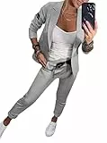 Minetom Damen Hosenanzug Zweiteiler Elegant Business Anzug Set Revers Büro Langarm Anzugjacke Blazer Hose 2-teilig Outfit Festlich Streetwear A Grau M