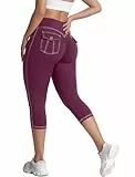 STARTBILD Damen Caprihose Push Up Po, DREI-Viertel-Hose Sport mit Taschen, Capri-Leggings Hohe Taille Blickdicht, Booty Lift 7/8 Hosen Yoga Workout Gym, Cargotaschen - Violett M