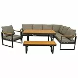 DEGAMO Funktions Eckbankset Diningset Kampala 4-teilig, Aluminium anthrazit + Akazie, Polster Mittelgrau, mit Liegefunktion, Outdoor