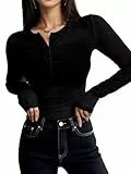 GLEENOD Langarmshirt Damen Elegant Basic Gerippte Oberteil Y2K Modernes T-Shirt Langarm Henley Shirt mit Knopfleiste